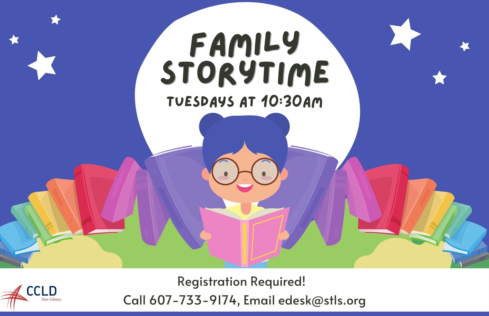 Family storytime is back at the Steele Memorial Library.  Join us for stories, rhymes, and songs!

Call 607-733-9173 or email edesk@stls.org to register.